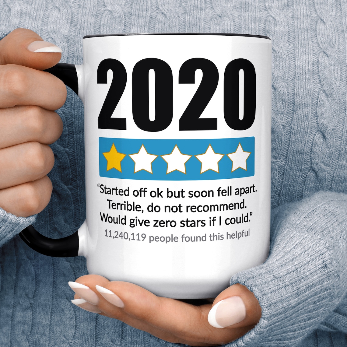 Funny 2020 Sucks 1 Star Amazon Review Parody Coffee Mug 15 oz Black Accent