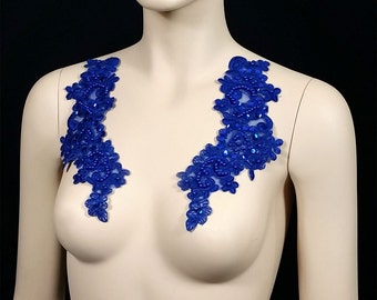 Royal Blue Beaded pair Lace embroidered applique for Bridal, Bridesmaid, Sash, Faux pearl, Dance Costumes,patch applique,wedding,APZZ25