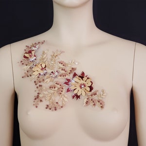 Burgundy and Gold 3D Embroidered Beaded Applique, lace Applique for, Dance, Bridesmaid, Dance Costumes,Ballet,Costumes, Dance Dress