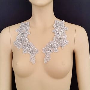 Metallic silver beaded pair Lace embroidered applique for Bridal,Bridesmaid,Sash,Faux pearl, Dance Costumes,patch applique,wedding,APZZ25