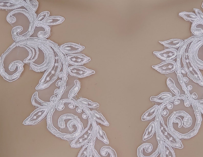 White Beaded Pair Lace Embroidered Applique for Bridal Etsy