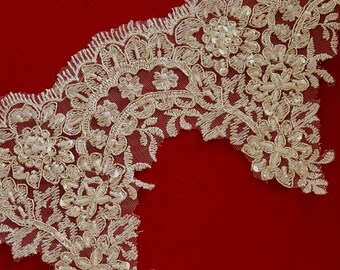 Floral Beaded Embroidered Ivory/silver lace trimming,Bridal lace trimming,Ivory-Silver lace,Bridal lace,wedding Ivory lace, Ivory lace trim