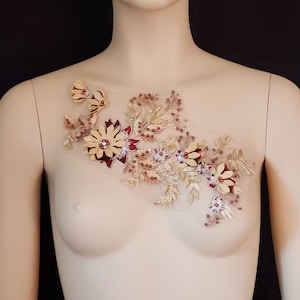 Burgundy and Gold 3D Embroidered Beaded Applique, lace Applique for, Dance, Bridesmaid, Dance Costumes,Ballet,Costumes, Dance Dress