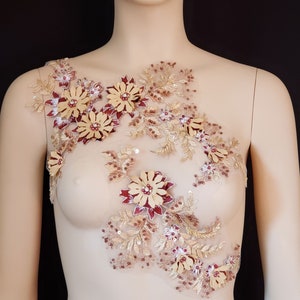 Burgundy and Gold 3D Embroidered Beaded Applique, lace Applique for, Dance, Bridesmaid, Dance Costumes,Ballet,Costumes, Dance Dress