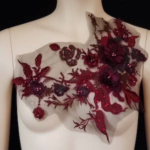 Burgundy 3D Embroidered Beaded Applique, lace Applique for, Dance, Bridesmaid, Dance Costumes,Ballet,Costumes, Dance Dress