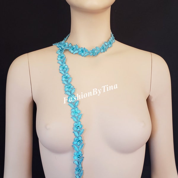 Aqua color Lace Trim with silver edge 1 yard for Bridal, Bridesmaid, Sash, Headband, Dance Costumes