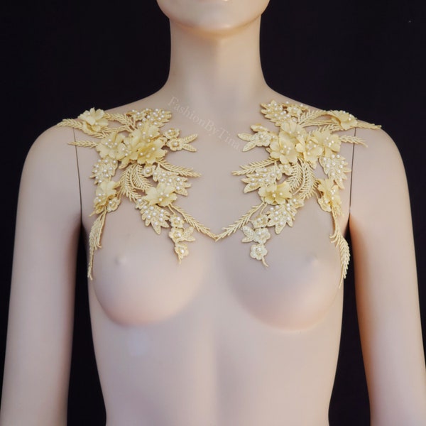 Gold applique beaded long floral pair lace applique for Bridal, Bridesmaid, Dance Costumes,sewing patch,APFBT301