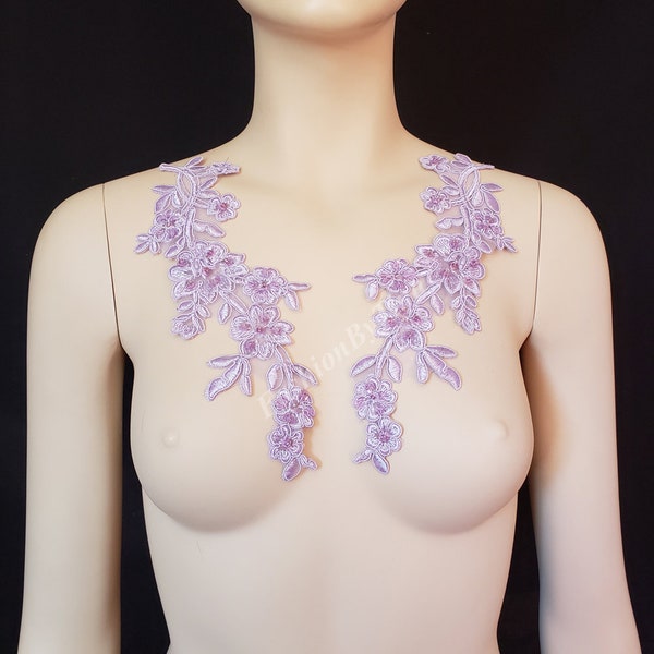 Lilac applique beaded pair Lace embroidered applique for Bridal,Bridesmaid,Lavender,Faux pearl,Dance Costumes,patch applique,wedding,AP95919