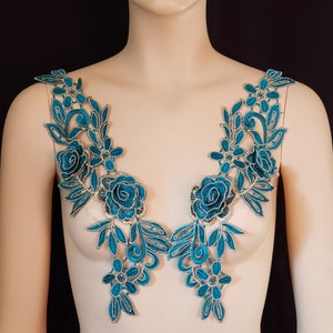 Blue 3D applique long floral pair lace Embroidery applique for Bridal, Bridesmaid, Dance Costumes,sewing patch