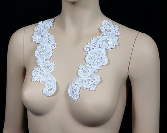 Ivory Beaded pair Lace Embrodired Applique for Bridal, Bridesmaid, Sash, Headband, Dance Costumes,AP95604