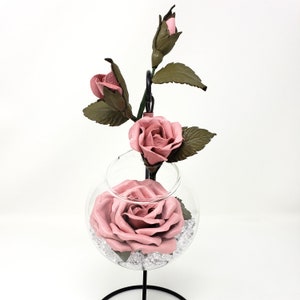 Pink personalized leather climbing rose in vase for her, wife, mom, mother. 3rd and 9th wedding anniversary gift. Leather flower bouquet