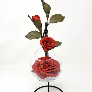 3rd and 9th wedding anniversary gift for her. Red personalized leather climbing rose in vase for special person. Leather flower bouquet