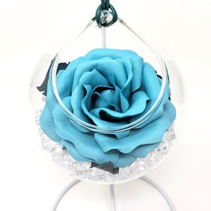 Aqua teal blue personalized leather rose in vase for her, wife, mom, mother. 3rd and 9th wedding anniversary gift. Leather flower bouquet