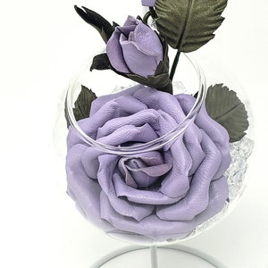 3rd and 9th wedding anniversary gift for her. Lavender personalized leather rose in vase for special person. Leather flower bouquet