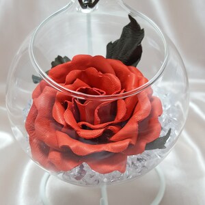Orange Coral Leather Rose In Hanging Glass Vase With Stand. Third Leather Anniversary Gift, Special Gift, Gift For Her