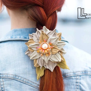 Leather Flower Clip Pin Brooch, Leather Flowers with Swarovski Cristals. 3rd Leather Anniversary, Wedding, Special Gift, Gift For Her