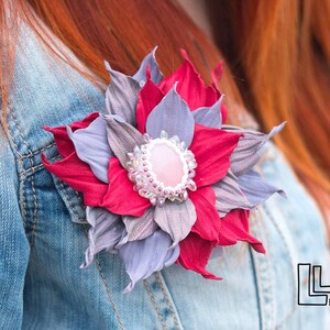 Leather Flower Clip Pin Brooch, Leather Flowers with pink Quartz. 3rd Leather Anniversary, Wedding, Special Gift, Gift For Her
