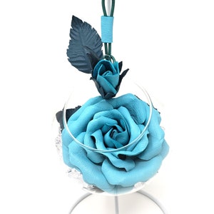 Blue teal aqua personalized leather rose in glass vase for her, wife, mom, mother. 3rd and 9th wedding anniversary gift. Leather flower