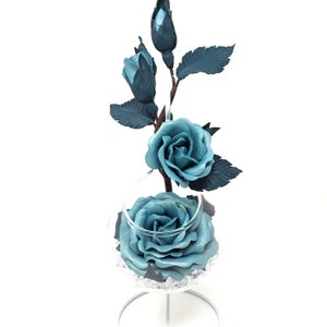 Pearl teal personalized leather climbing rose in vase for her, wife, mother. 3rd and 9th wedding anniversary gift Leather flower bouquet