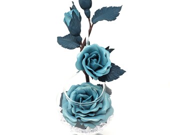 Pearl teal personalized leather climbing rose in vase for her, wife, mother. 3rd and 9th wedding anniversary gift Leather flower bouquet