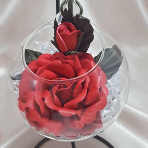 Red Leather Rose In Hanging Glass Vase With Stand. Third Leather Anniversary Gift, Special Gift, Gift For Her
