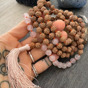 Rudraksha Necklace Japa Mala Mala Beads 108 Rose Quartz Necklace Mala Necklace Rare Stone Mala Karma Necklace Yoga Lover Gift