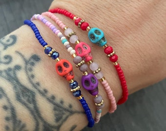 Colorful Sugar Skull Beaded Bracelet: Goth Punk Jewelry