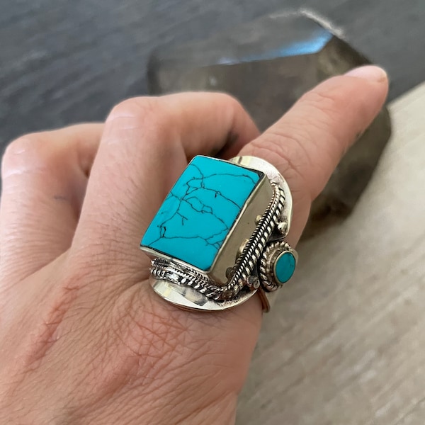 Square Turquoise Ring Square Ring Chunky Ring Big Ring Mens Turquoise Ring Blue Stone Ring Everyday Ring Chunky Turquoise Ring Chunky Rings