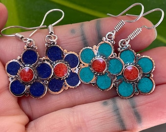 Lapis & Turquoise Flower Earrings: Lightweight Alloy Floral Jewelry