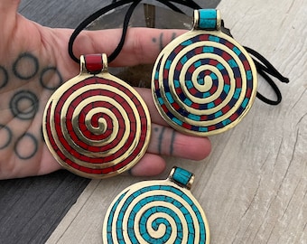 Spiral Necklace Spiral Pendant Big Pendant Necklace Medallion Pendant Large Stone Pendant Swirl Necklace Rustic Necklace Mens Necklace