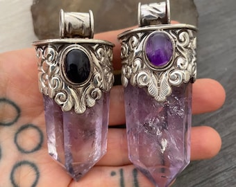 Raw Amethyst Sterling Silver Pendant: Hexagon Crystal Necklace