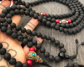 Black Mala Necklace Mala Beads 108 Lava Stone Necklace Lava Rock Necklace Lava Necklace Japa Mala Diffuser Necklace Buddhist Mala Beads