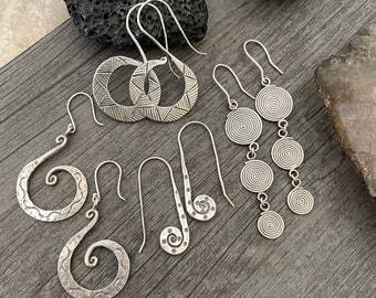 Ear Hangers Handstamped Earrings Big Dangle Earrings Spiral Earrings Silver Spiral Earrings Stylish Earrings Large Boho Earrings