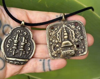 Brass Buddha Pendant Necklace: Tibetan Ganesh, Vajra, Stupa Charms