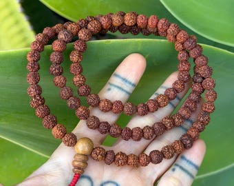 May include: A strand of small, round, textured brown rudraksha beads arranged in a circular pattern. The necklace features a single larger, smooth, light brown wooden bead near the bottom, followed by a small red cord tassel hanging downwards.