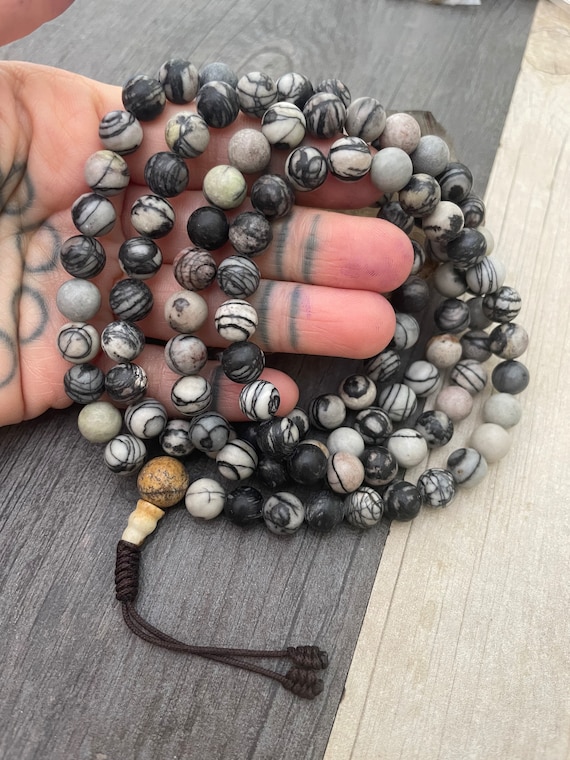 Picasso Jasper Mala Bead Necklace: 108 Prayer Beads, Unisex
