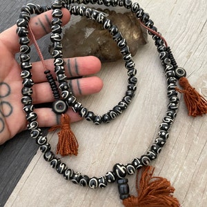 Black & White Tassel Mala Necklace: 108 Nepali Meditation Beads