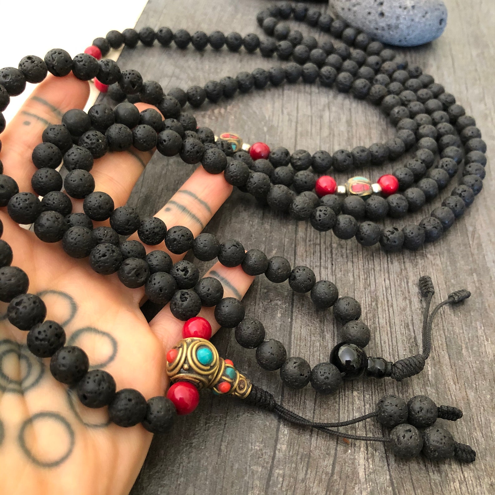 Black Mala Necklace Mala Beads 108 Lava Stone Necklace Lava Etsy