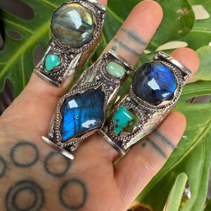 Labradorite Turquoise Two Stone Ring: Chunky Adjustable Gemstone Ring image 12