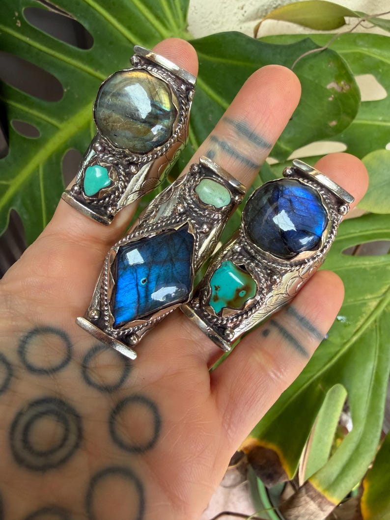 Labradorite Turquoise Two Stone Ring: Chunky Adjustable Gemstone Ring image 12