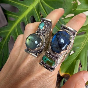 Labradorite Turquoise Two Stone Ring: Chunky Adjustable Gemstone Ring image 17