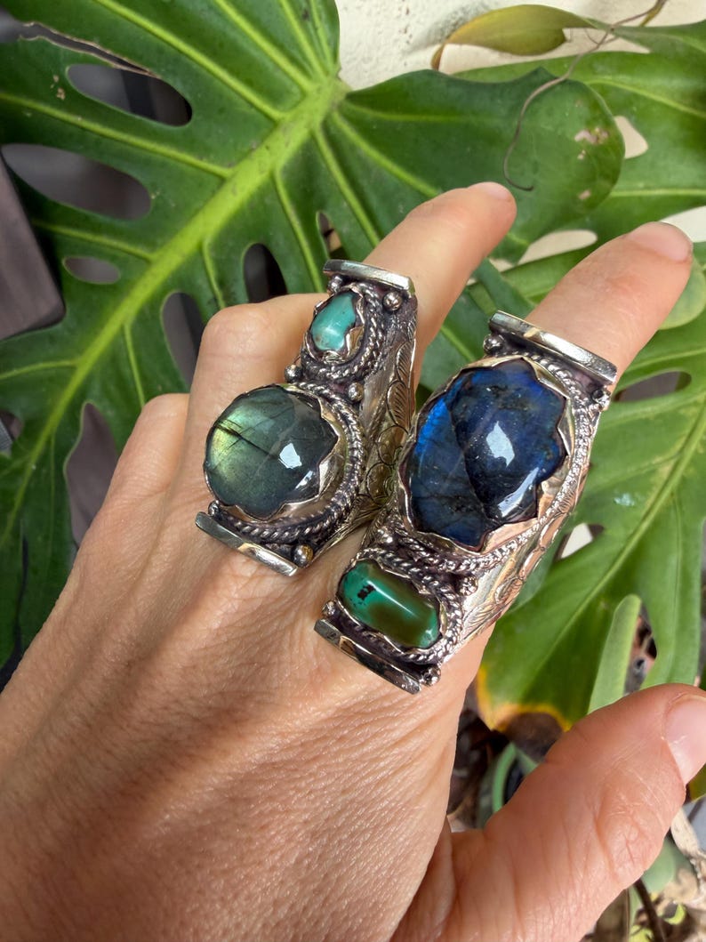 Labradorite Turquoise Two Stone Ring: Chunky Adjustable Gemstone Ring image 17