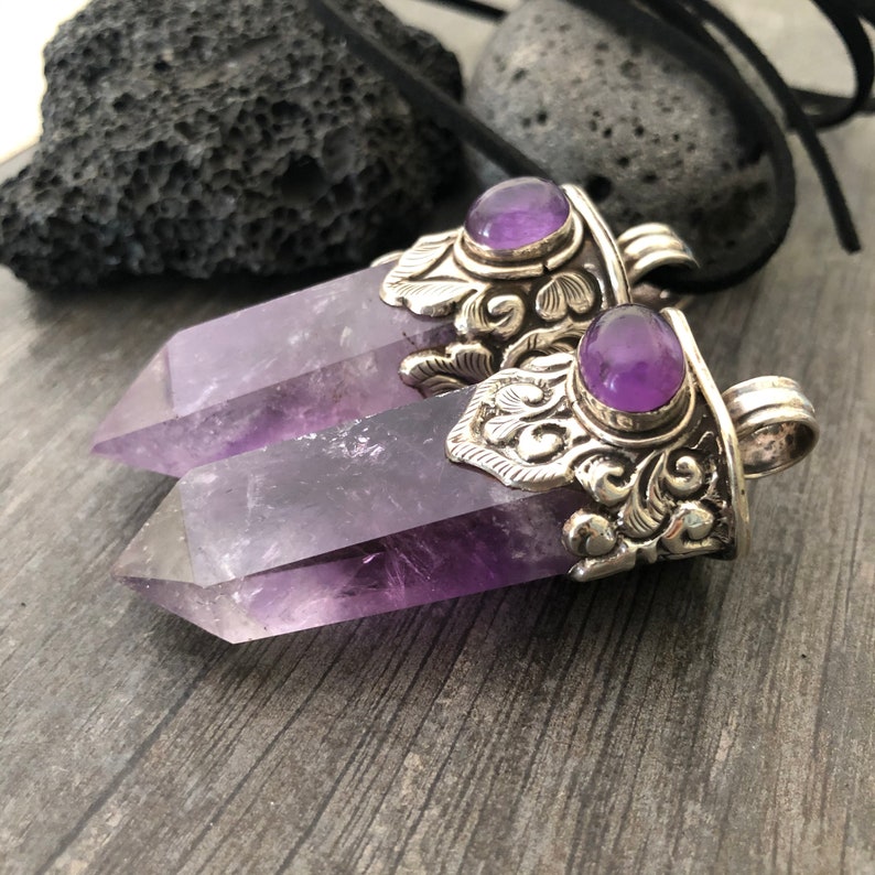 Amethyst Necklace Amethyst Pendant Big Pendant Necklace Chakra Pendant Ethnic Necklace Sterling Silver Pendant Raw Amethyst Pendant