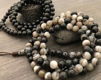 Black Agate Necklace Mala Beads 108 Japa Mala Buddhist Mala 108 Bead Mala Mala Beads Stone Mala Counter Mala Prayer Beads Protection Mala