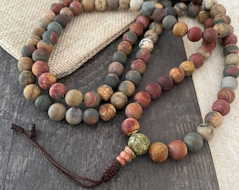 Red Creek Jasper Mala Necklace: 108 Bead Meditation Necklace