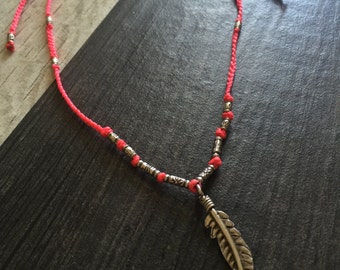 Silver feather necklace, pink feather necklace, silver pink necklace, feather pendant, silver beaded necklace, pink macrame necklace