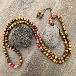 Mala Beads 108 Tigers Eye Necklace Tiger Eye Mala Beads Tigers Eye Mala Buddhist Mala Japa Mala Mala Beads Stone Mala Prayer Beads Tiger eye and red