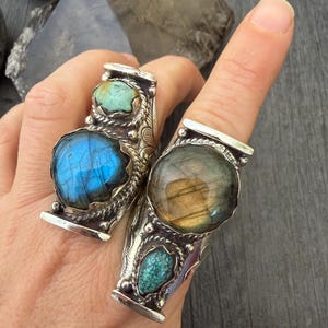Labradorite Turquoise Two Stone Ring: Chunky Adjustable Gemstone Ring image 7