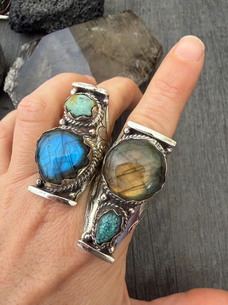 Labradorite Turquoise Two Stone Ring: Chunky Adjustable Gemstone Ring image 7
