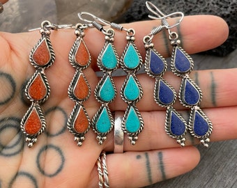 Gemstone Earrings Teardrop Earrings Turquoise Earrings Unique Earrings Blue Lapis Earrings Coral Earrings Cool Earrings Stone Earrings